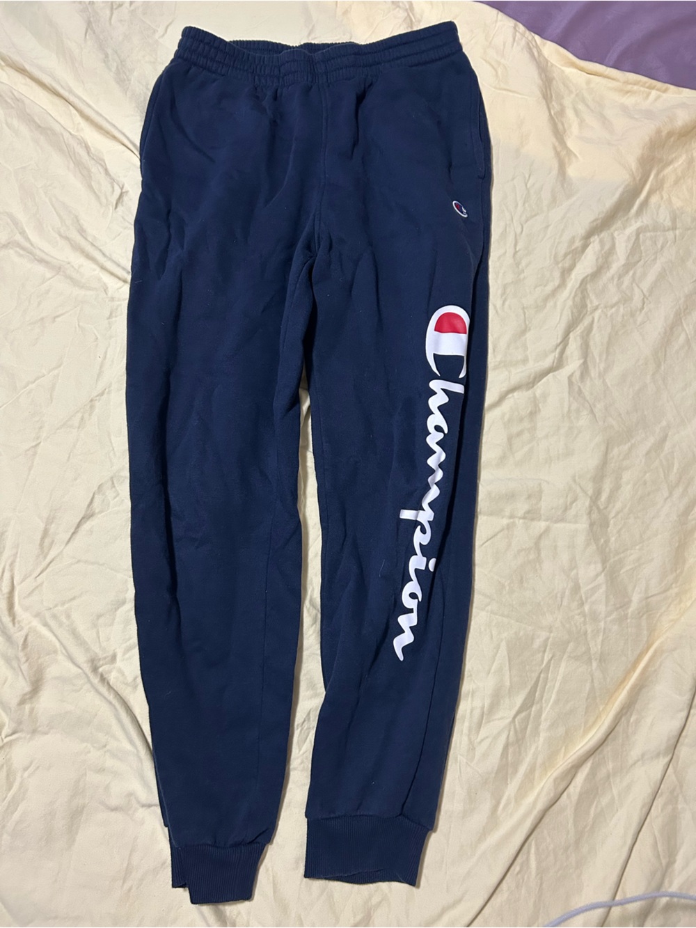 Champion Navy Sweatpants with Script Logo and Red-White Accent